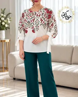 شومیز آستین واشری ریزشی سفید طرح برگ و گلبرگهای ریز مهدخت