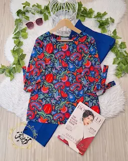 شومیز آستین واشری سرمه ای طرح بته جقه های قرمز و کاربنی خاتون