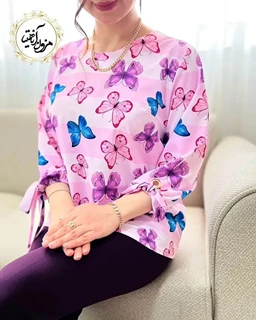 شومیز آستین واشری سفید بنفش طرح پروانه آیسان سایز-2-تخفیفی
