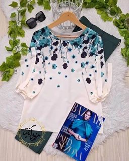 شومیز آستین واشری سفید شیری طرح شکوفه باران سبز سایز-2-تخفیفی