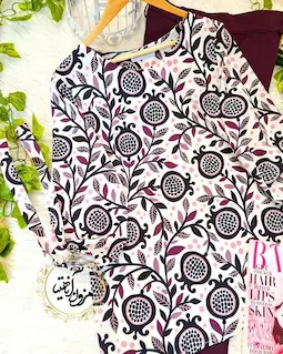 شومیز آستین واشری سفید طرح انار بنفش رهاب