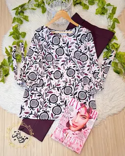 شومیز آستین واشری سفید طرح انار بنفش رهاب