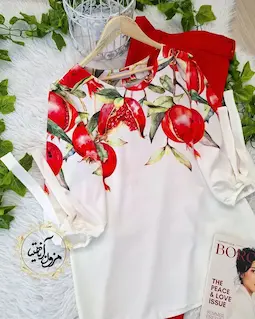 شومیز آستین واشری ریزشی سفید طرح انار شکسته نارملا