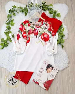 شومیز آستین واشری ریزشی سفید طرح انار شکسته نارملا