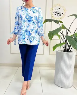 شومیز آستین واشری سفید طرح انار کاربنی تانیا