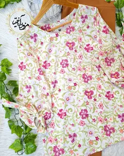 شومیز آستین واشری سفید طرح برگ و گلبرگ آلستر