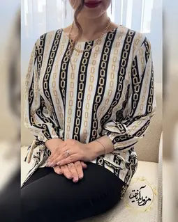 شومیز آستین واشری سفید طرح راه راه زنجیری آتوسا