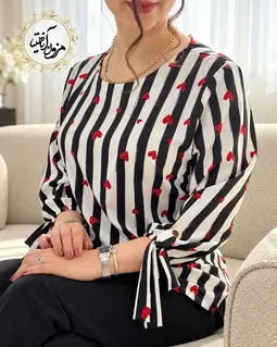 شومیز آستین واشری سفید طرح راه راه مشکی قلب قرمز آمیلا