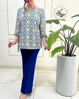 شومیز آستین واشری سفید طرح سنتی رنگی میشل