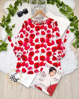 شومیز آستین واشری سفید طرح شقایق قرمز شادی سایز-4-تخفیفی