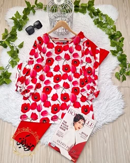 شومیز آستین واشری سفید طرح شقایق قرمز شادی سایز-2-تخفیفی