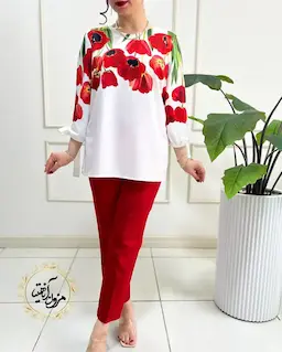 شومیز آستین واشری ریزشی سفید طرح شقایق وارونه آوینا