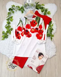 شومیز آستین واشری ریزشی سفید طرح شقایق وارونه آوینا