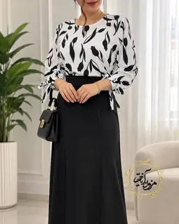 شومیز آستین واشری سفید طرح لاله مشکی