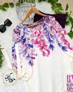 شومیز آستین واشری سفید طرح لیلیوم آبرنگی