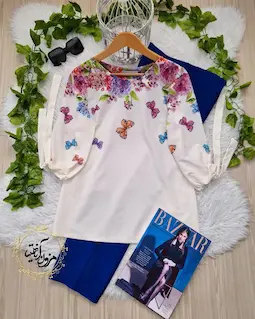 شومیز آستین واشری ریزشی سفید طرح گل و پروانه طراوت سایز-2-تخفیفی