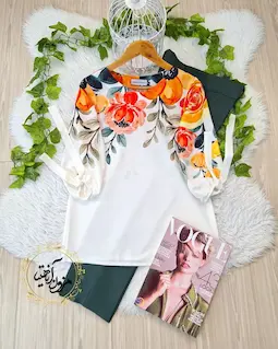 شومیز آستین واشری ریزشی سفید طرح گلهای زرد و نارنجی پریناز سایز-3-تخفیفی