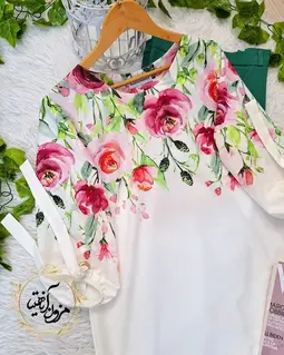 شومیز آستین واشری سفید طرح گلهای صورتی آترین