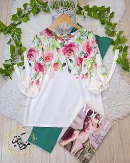 شومیز آستین واشری سفید طرح گلهای صورتی آترین