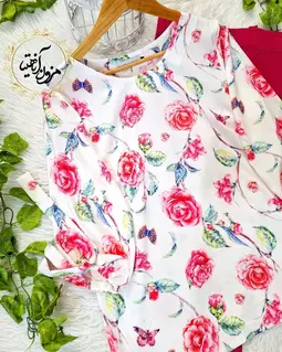شومیز آستین واشری سفید طرح شاخه گل رز سرخابی ریتا