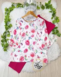 شومیز آستین واشری سفید طرح شاخه گل رز سرخابی ریتا