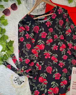 شومیز آستین واشری مشکی طرح گل انار ستوده
