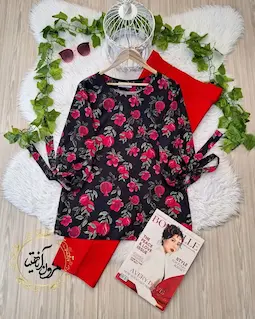 شومیز آستین واشری مشکی طرح گل انار ستوده