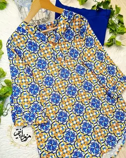 تونیک نخی آستین پاگن دار سفید طرح سنتی کاربنی زرد استلا