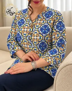 تونیک نخی آستین پاگن دار سفید طرح سنتی کاربنی زرد استلا