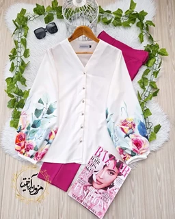 شومیز آستین پفی سفید طرح آستین با گلهای رز آبرنگی آریانا سایز-2-تخفیفی