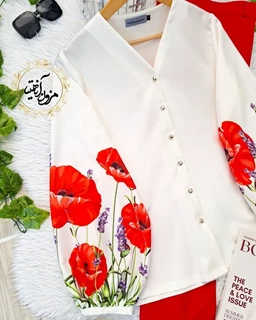 شومیز آستین پفی سفید طرح با گلهای شقایق و سنبل آریانا