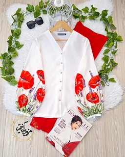 شومیز آستین پفی سفید طرح با گلهای شقایق و سنبل آریانا