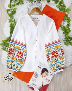 شومیز آستین پفی سفید طرح سنتی رنگی ملکه