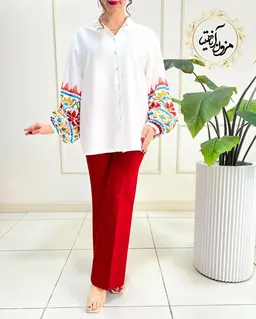 شومیز آستین پفی سفید طرح سنتی رنگی ملکه