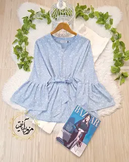 شومیز آستین کلوش آبی روشن طرح گلهای مهیاس