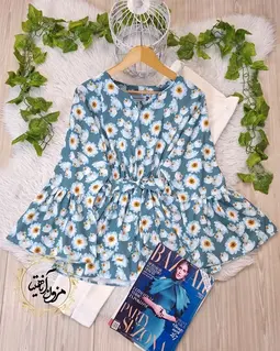 شومیز آستین کلوش سبز فیروزه ای طرح گلهای سفید دینا