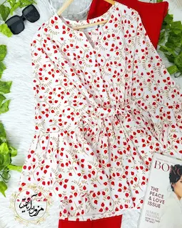 شومیز آستین کلوش سفید طرح انار ریز شاخه طلایی نارمک