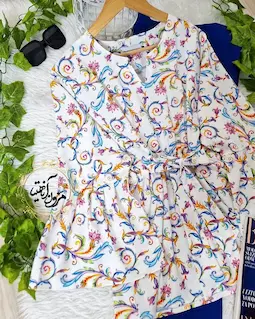 شومیز آستین کلوش سفید طرح ریسه برگ و گلبرگ رنگی سیما