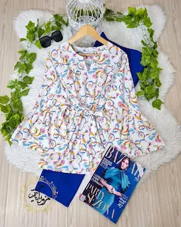 شومیز آستین کلوش سفید طرح ریسه برگ و گلبرگ رنگی سیما