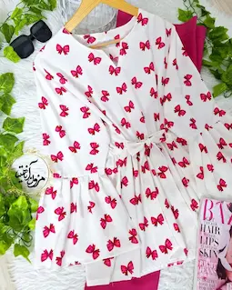 شومیز آستین کلوش سفید طرح پاپیون سرخابی همتا