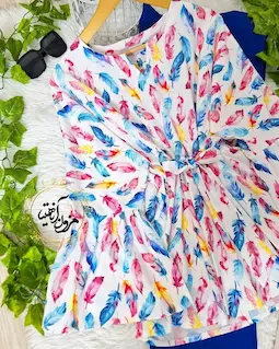 شومیز آستین کلوش سفید طرح پر رنگی لمیس