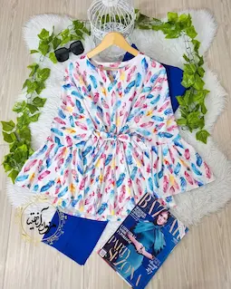 شومیز آستین کلوش سفید طرح پر رنگی لمیس