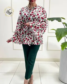 شومیز آستین کلوش سفید طرح گلهای رز قرمز کرشمه