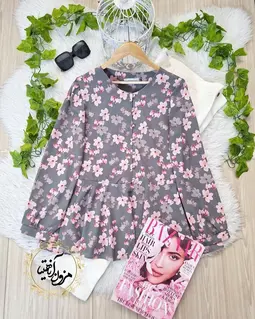شومیز پایین کلوش طوسی طرح شکوفه های صورتی آیگل