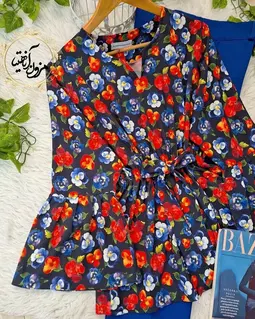 شومیز آستین کلوش مشکی طرح گلهای رنگی بنفشه