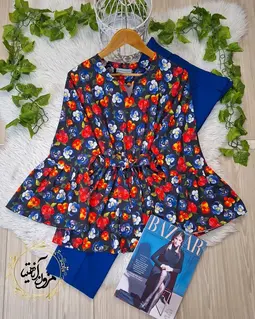 شومیز آستین کلوش مشکی طرح گلهای رنگی بنفشه