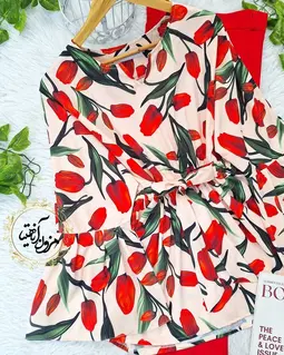 شومیز آستین کلوش نسکافه ای روشن طرح لاله های قرمز الیماه