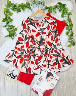 شومیز آستین کلوش نسکافه ای روشن طرح لاله های قرمز الیماه