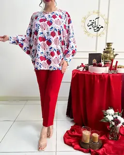 شومیز آستین کیمونو بگ سفید طرح انار برگ آبی نارین