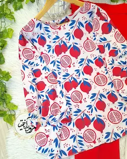 شومیز آستین کیمونو بگ سفید طرح انار برگ آبی نارین